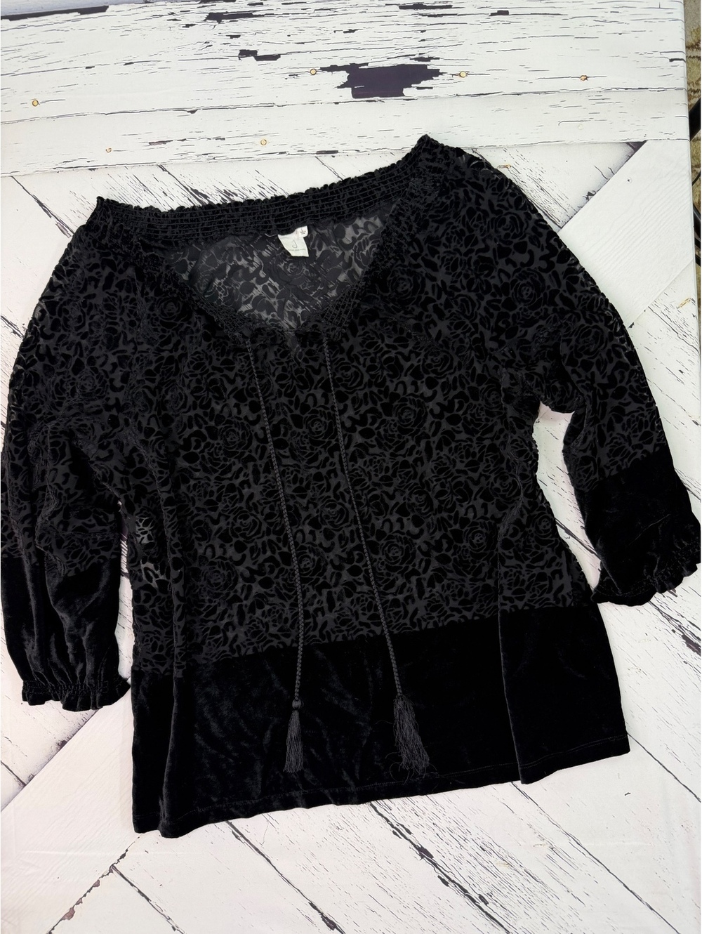 Vintage Jones New York Whimsy Gothic Boho Velvet Sheer Peasant Top Women’s LG